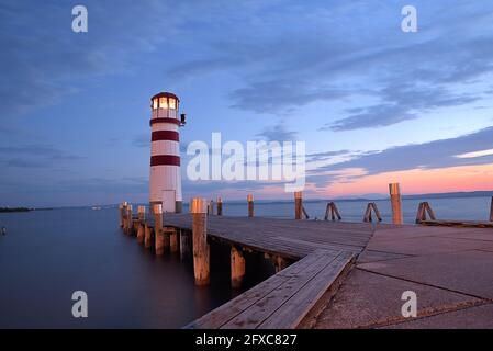 Lighthouse and pier on Neusiedler see during dusk, Europe, Austria Stock Photo