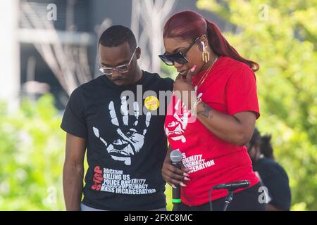 Minneapolis, USA. 25th May, 2021. Bridgette Floyd, George Floyd's sister, speaks at Commons Park during the remembrance event on the 1 Year Anniversary of his death on May 25, 2021 in Minneapolis, Minnesota. Photo: Chris Tuite/ImageSPACE/Sipa USA Credit: Sipa USA/Alamy Live News Stock Photo