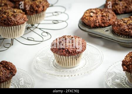 Chocolate muffins with chocolate chips Stock Photo