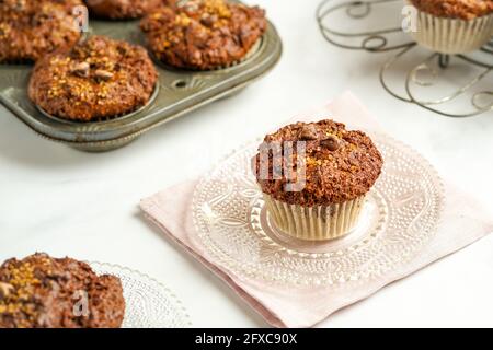 Chocolate muffins with chocolate chips Stock Photo