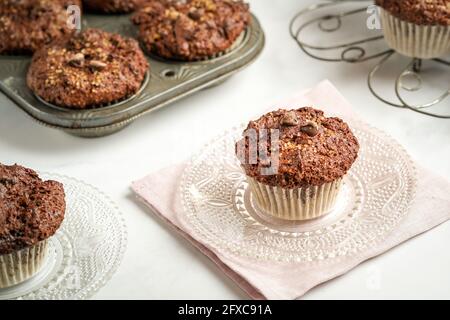 Chocolate muffins with chocolate chips Stock Photo