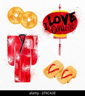 Chinese symbols feng shui Chinese coin, kimono, red paper lantern, Chinese flip flops drawing with drops and splash on watercolor paper background Stock Vector