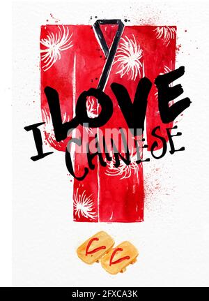 Poster red kimono lettering I love chinese drawing with drops and splash on watercolor paper background Stock Vector