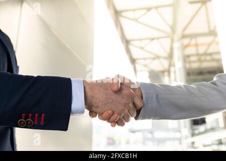 Male and female partners shaking hands Stock Photo