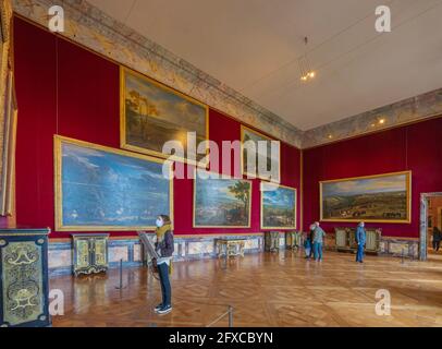 Versailles, France - 19 05 2021: Castle of Versailles. Louis XIV rooms with paintings and sculptures inside the Castle of Versailles Stock Photo