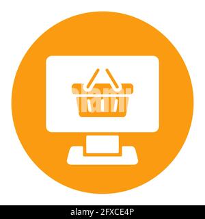 Computer display with shopping cart white glyph icon vector. Online shoping basket symbol, logo illustration. E-commerce sign Stock Vector