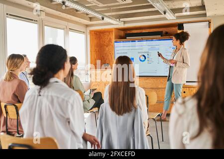 Female entrepreneur explaining business plan to colleagues in educational event Stock Photo