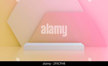 Big pedestal for product display on funny colorful hexagons pink and yellow background for summer sunny. Empty podium platform. 3D Rendering. Stock Photo