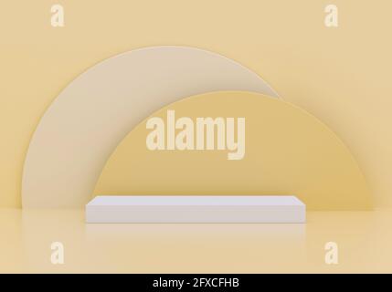Minimalist pedestal for product display on yellow like sun background. Empty podium platform. 3D Rendering. Stock Photo