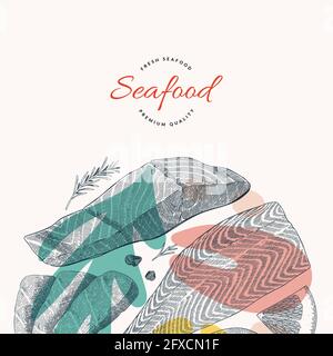 Salmon fish illustration, vector template with hand drawn art of salmon fillet and steak, culinary ongredients, bannerr or card design Stock Vector