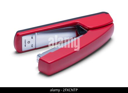 Red Metal Stapler Cut Out Tipped Over. Stock Photo
