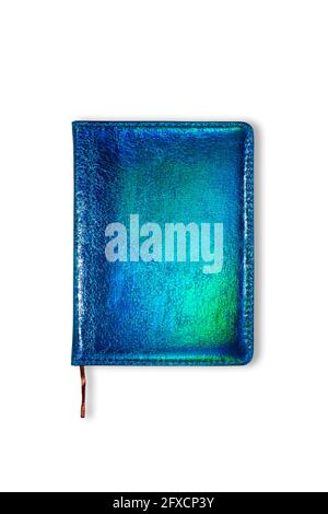 Neon Green and blue closed notebook mockup isolated on white background. Top view on mock up of notepad Stock Photo
