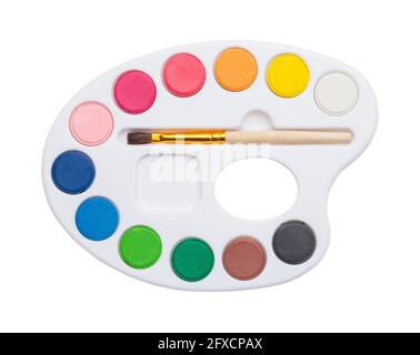 Artist Paint Palette with Watercolors and Brush Cut Out. Stock Photo
