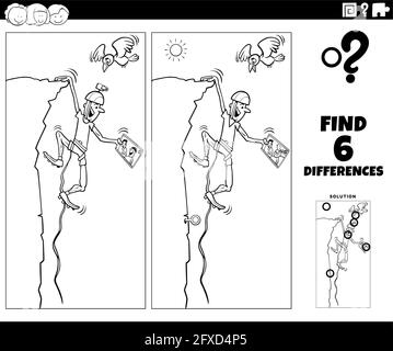 Black and white cartoon illustration of finding the differences between pictures educational game with climber character watching broadcast on tablet Stock Vector
