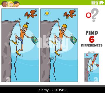Cartoon illustration of finding the differences between pictures educational game with climber character watching broadcast on tablet Stock Vector