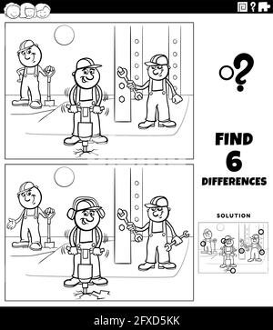 Black and white cartoon illustration of finding the differences between pictures educational game for children with funny workers or builders characte Stock Vector
