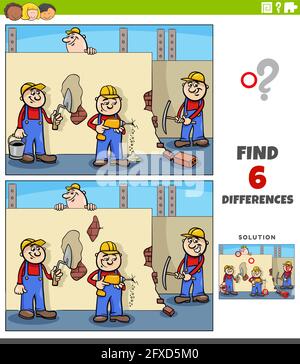 Cartoon illustration of finding the differences between pictures educational game for children with workers or builders characters on construction sit Stock Vector