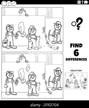 Black and white cartoon illustration of finding the differences between pictures educational game for children with workers or builders characters on Stock Vector
