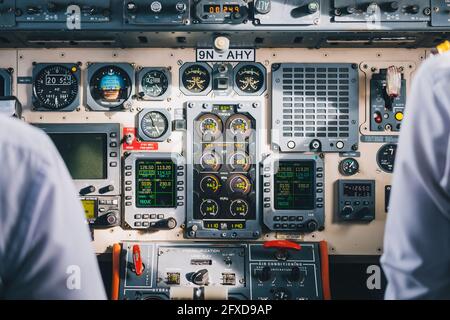 Interior of prop plane flying over to the Himalaya mountains from Kathmandu international airport, Nepal Stock Photo