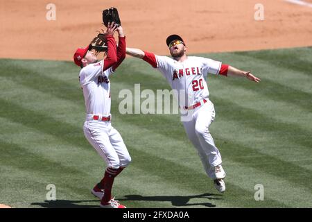 May 26, 2021: Los Angeles Angels first baseman Jared Walsh (20) and Los Angeles Angels starting pitcher Griffin Canning (47) almost collide trying to catch an infield fly during the game between the Texas Rangers and the Los Angeles Angels of Anaheim at Angel Stadium in Anaheim, CA, (Photo by Peter Joneleit, Cal Sport Media) Stock Photo