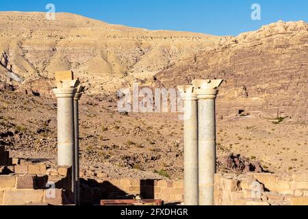 Four columns of the Blue Chapel made of blue Egyptian granite, Nabataean horned capitals, 5th - 6th century,  Petra, Jordan Stock Photo