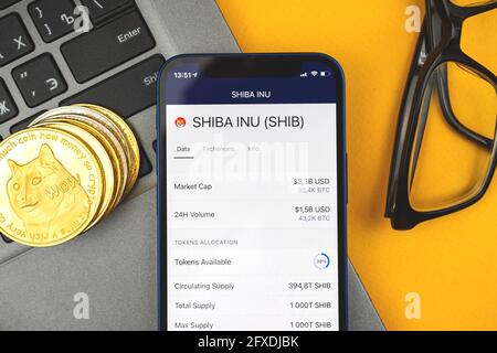SHIBA INU crypto currency on the screen of mobile phone, dogecoin golden coin new virtual money, business and trading concept, top view Stock Photo