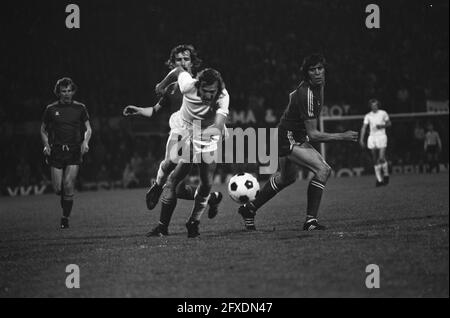 KNVB cup final PSV against NAC 6-0, Rene van de Kerkhoff (center) scores  the second goal, right Daan Schrijvers, 1 May 1974, goals, sports, soccer,  The Netherlands, 20th century press agency photo