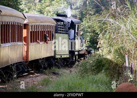 Minas Gerais, Brazil - May 25, 2019: locomotive maria fumaca on the move between the historic cities of Tiradentes and Sao Joao del Rei, interior of M Stock Photo