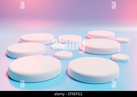 3d illustration of a   many white  scenes from a circle  on a  pink-blue  background. A close-up of a round monocrome pedestal. Stock Photo