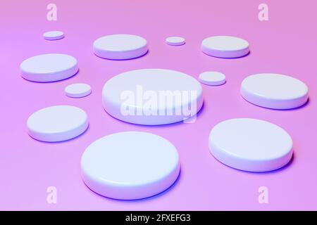 3d illustration of a   many white  scenes from a circle  on a  pink  background. A close-up of a round monocrome pedestal. Stock Photo