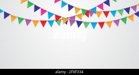Colorful Triangle Hanging Flags Garlands on White Background. Decorative Elements for birthday party, festivals, holidays Isolated. Stock Vector