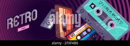 Retro mixtapes cartoon web banner with audio mix tapes falling into hypnotic pattern. Cassettes, media or music store ad in vintage style, analog multimedia devices, Vector illustration Stock Vector
