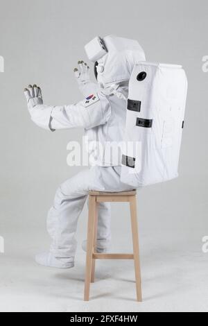 astonaut and virtual reality screen, white background Stock Photo