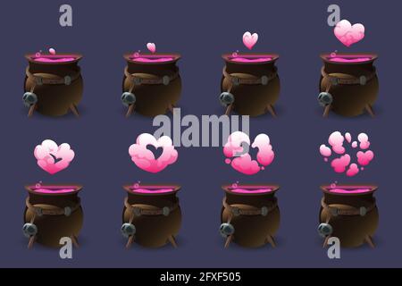 Cauldron with love potion motion sequence animation. Pink heart cloud of magic elixir appear from witch pot and then pass away. Ui design element for game, wizard poison isolated Cartoon vector set Stock Vector