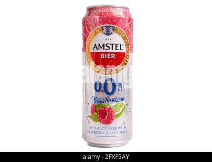 Tyumen, Russia-May 25, 2021: Amstel beer can isolated on white, non-alcoholic with lime and raspberries Stock Photo