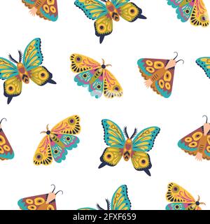 Cute seamless pattern with butterflies and moths. Doodle insect in minimalistic style. Hand drawn illustration.  Stock Vector