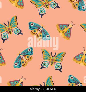 Cute seamless pattern with butterflies and moths. Doodle insect in minimalistic style. Hand drawn illustration.  Stock Vector