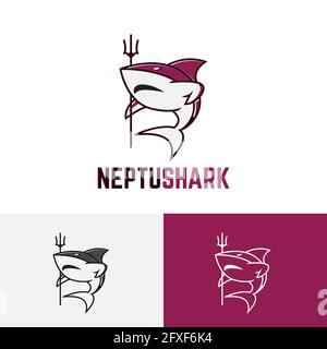 Strong Neptune Shark Fish Sea King Trident Logo Stock Vector