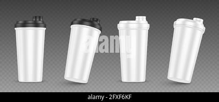 Protein shaker, cup for sports nutrition, gainer or whey shake drink front view. Plastic white bottle, mixer for gym fitness, bodybuilding isolated on transparent background Realistic 3d vector mockup Stock Vector