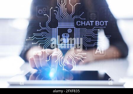 Chatbot computer program designed for conversation with human users over the Internet. Support and customer service automation technology concept. Stock Photo