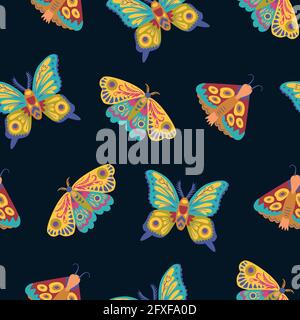 Cute seamless pattern with butterflies and moths. Doodle insect in minimalistic style. Hand drawn illustration.  Stock Vector