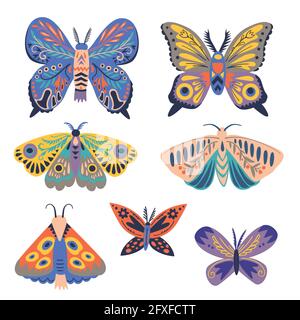 Cute abstract ornamental stylized night moths, butterflies isolated on white background. Vector hand drawn illustration Stock Vector