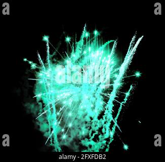 Light blue firework display black night sky background isolated closeup, blue firecracker burst pattern, blue salute explosion texture, holiday decor Stock Photo