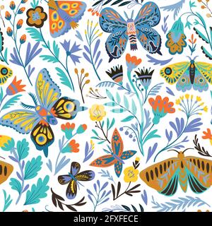 Elegant seamless pattern with decorative abstract flowers, butterflies and moths in doodle style. Vector illustration. Stock Vector