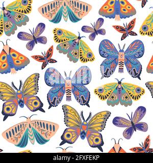 Cute seamless pattern with butterflies and moths. Doodle insect in minimalistic style. Hand drawn illustration.  Stock Vector