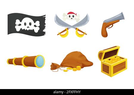 Pirate set with flag, skull and bones, gold coins, treasure with wooden chest and bag, crossed swords, spyglass and retro gun in cartoon style isolated on white background. Vector illustration Stock Vector