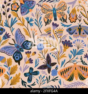 Elegant seamless pattern with decorative abstract flowers, butterflies and moths in doodle style. Vector illustration. Stock Vector