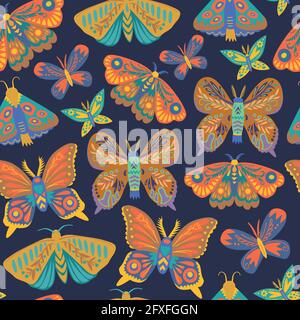 Cute seamless pattern with butterflies and moths. Doodle insect in minimalistic style. Hand drawn illustration.  Stock Vector