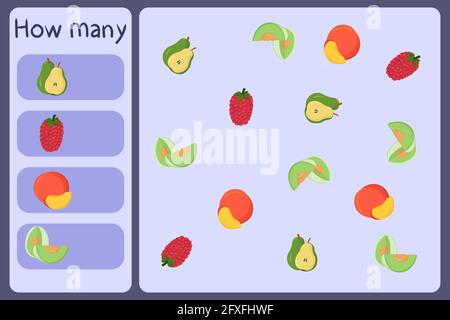 Kids mathematical mini game - count how many fruits - pear, raspberry, nectarine, honeydew melon. Educational games for children. Cartoon design template on colorful backdrop. Vector graphic. Stock Vector