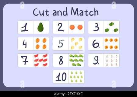 Flash cards with numbers for kids, set 6. Cut and match pictures with numbers and fruits. Illustration for educational math game design. Printable worksheet. Cartoon vector template. Stock Vector